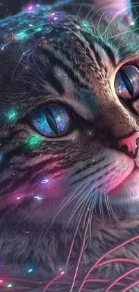 This vibrant phone live wallpaper features a close-up view of a playful cat with an eye-catching digital art overlay