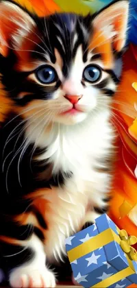 Get ready to add a touch of cuteness to your phone with this stunning Kitten Live Wallpaper! The painting depicts a cute kitten sitting next to a colorful present in beautiful airbrush style