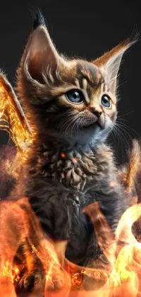 This dynamic phone live wallpaper features a winged kitten set against a striking black background