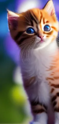 Enhance your phone's visual appeal with this stunning live wallpaper featuring a small kitten sitting on a wooden table