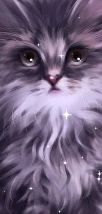 This digital live wallpaper depicts a close up of a long-haired, purple Siberian cat