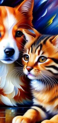 This digital airbrush painting live wallpaper is perfect for adding character to your phone's home screen! It features a detailed and eye-catching image of two happy cats and a charming corgi dog