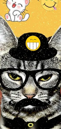 This phone live wallpaper features a close-up of a cat wearing a hat and glasses