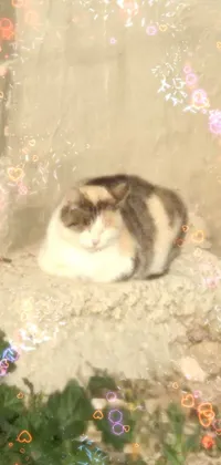 This live phone wallpaper showcases a cute calico cat sitting atop a dirt pile in a sunny backyard