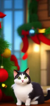 This stunning live wallpaper features a beautiful black and white cat sitting in front of a charming Christmas tree, complete with sparkling lights and intricate ornaments