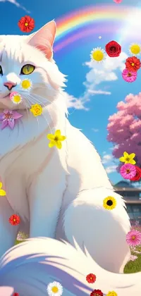 Anime cat, flowers, and a rainbow Live Wallpaper