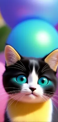 This phone live wallpaper boasts an endearing illustration of a black and white feline resting before an array of lively balloons