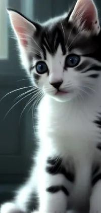 This black and white kitten live wallpaper features a photo-realistic digital painting with beautiful blue eyes and vectorial art detailing on the fur and whiskers