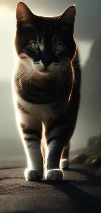 This phone live wallpaper showcases a beautiful digital painting of a realistic cat walking on a misty road