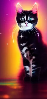 This live phone wallpaper is a digital rendering of a black and white cat sitting on a table