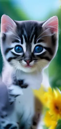 This phone live wallpaper features a small kitten sitting atop a lush green field surrounded by beautiful black, blue, and yellow flowers