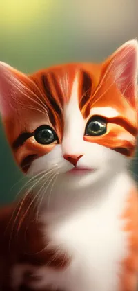 This live wallpaper features a close-up image of a charming ginger cat with huge green eyes in a playful pose