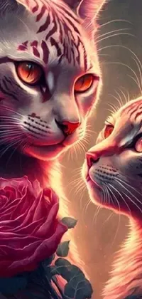 This live wallpaper features two furry cats standing together in a high detail digital painting