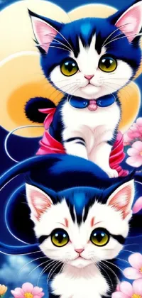 Enjoy this astonishing live wallpaper featuring two adorable cats snuggled up amidst a mystical atmosphere of moonbeams and gradient hues of blue and white