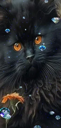 This live wallpaper showcases a stunning black cat with vibrant orange eyes, set against a beautiful autumn backdrop