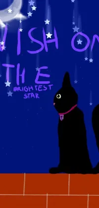 Looking for a stunning live wallpaper for your phone? Check out this unique image of a black cat perched on a brick wall against a striking night sky filled with glittering stars