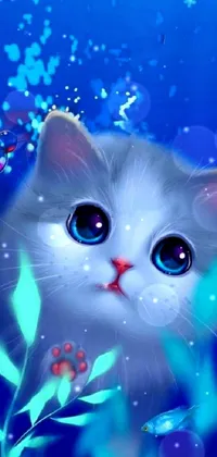 This phone live wallpaper features a stunning close-up of a cat with blue eyes set against a bubbly underwater scene