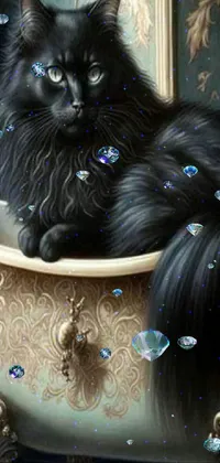 This live phone wallpaper features a finely detailed painting of a black cat sitting in a bathtub
