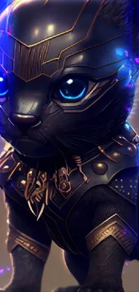 This phone live wallpaper showcases a close-up of a fierce black panther with luminous blue eyes, adorned in shiny golden cat armor