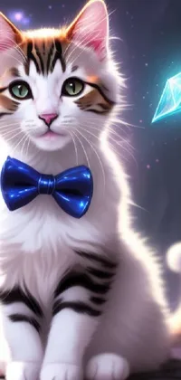 This live wallpaper features a digital painting of a feline wearing a bow tie and a suit made of stars