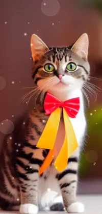 This phone live wallpaper features a close-up of a cat wearing a bow tie in yellow and red colors