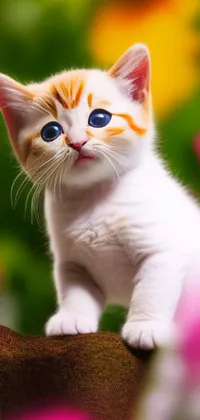 This stunning live wallpaper features a fluffy, white and orange kitten sitting on a brown blanket amidst vibrant flowers
