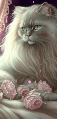This stunning live phone wallpaper features a beautiful white cat perched atop a windowsill