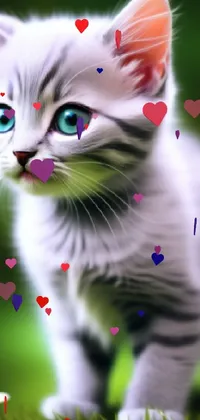 Get bewitched by the phone live wallpaper of a stunning, blue-eyed kitten standing in a lush, green grassy field