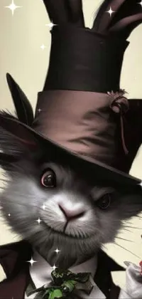 This phone live wallpaper features a mischievous cat wearing a fancy top hat and clutching a scrumptious cupcake