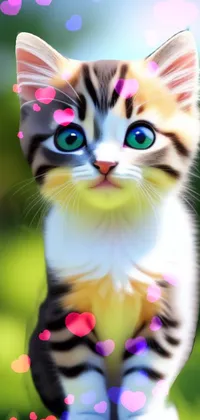 This phone live wallpaper features a cute kitten perched on a lush green field
