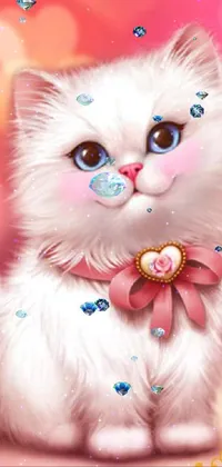 This phone live wallpaper showcases an adorable white cat with blue eyes and a pink bow tie