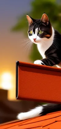 This black and white cat live wallpaper for your phone features a stunning digital painting of a cat sunbathing on a roof
