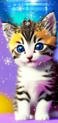 This live wallpaper features an adorable kitten donning a crown and set against a snowy background