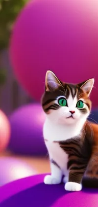 This phone live wallpaper features a cute cat sitting on top of a purple ball in a blurred and dreamy illustration