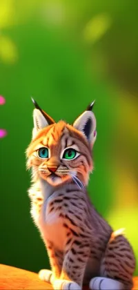 This live wallpaper features a cute cat sitting on a wooden bench amid nature elements such as many fluffy caracals