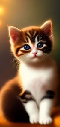 This live phone wallpaper displays a lovely digital painting of a cute kitten perched atop a couch