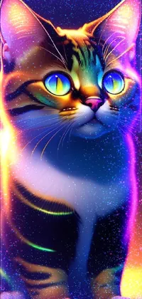 This phone live wallpaper showcases a colorful and cute cat with glowing eyes, captured in a high-quality 4K HD resolution
