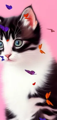 Looking for a phone live wallpaper that's cute and eye-catching? Look no further than this black and white kitten on a pink background! This stunning digital painting is razor-sharp and super-detailed, depicting an adorable feline in stunning black and white detail against a bright, vibrant pink background