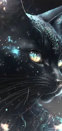 This stunning phone live wallpaper showcases a close-up shot of a lifelike black cat against a sparkling starry background