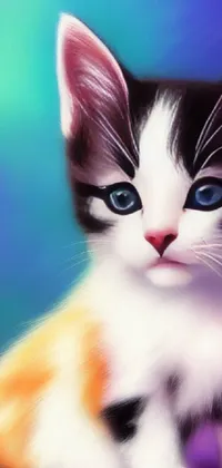 This digital painting live wallpaper depicts a fluffy white kitten with blue eyes sitting on a colorful gradient background of blues, purples, and pinks, giving your device a vibrant and dreamy feel