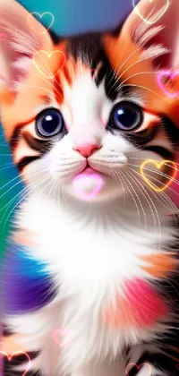 Looking for a phone live wallpaper that's cute and playful? Look no further than this adorable, ultra-realistic 3D illustration of a kitten! Set against a colorful and vibrant background, this digital painting is inspired by the Lisa Frank style and features intricate detailing on the kitten's features and fur for a super-realistic look