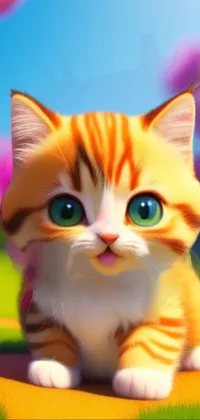 This phone live wallpaper features an adorable kitten sitting on lush green fields