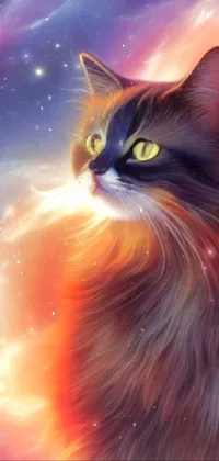 Looking for a supernova addition to your phone's wallpaper? Feast your eyes on this stunning image that features a furry red and purple nebula with a cute cat gracefully sitting in space