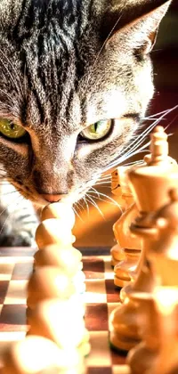 This phone live wallpaper features a photorealistic image of a cat standing atop a chess board