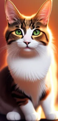 This mobile live wallpaper depicts a stunning digital painting of a cat with green eyes in a majestic pose