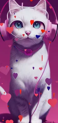 This phone live wallpaper features a digitally painted white cat wearing headphones against a vibrant pink background