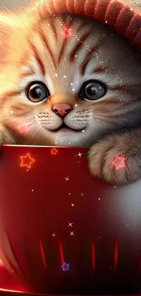 This charming phone live wallpaper features a digital art creation of a cute cartoon kitten sitting inside a cup