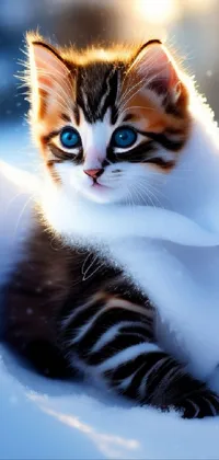 This phone live wallpaper features a cute kitten sitting in the snow, painted in beautiful high-definition 4K resolution