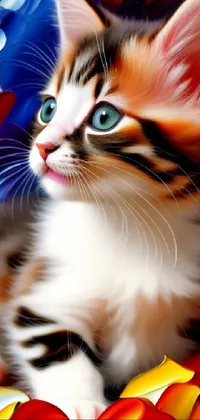 Display a lively live wallpaper on your phone featuring a colorful painting of an adorable kitten