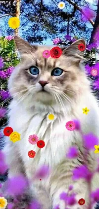 This dynamic live wallpaper for your phone features a delightful cat sitting on a bed of gorgeous purple flowers